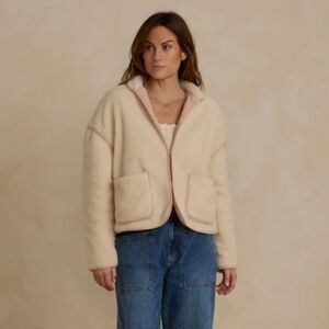 NWT! Rylee + Cru Women's Shearling Jacket Natural with Pink Piping Size Small